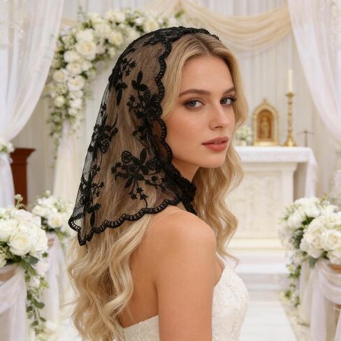 Black Lace Bandana, Classic Black Triangle Veil for Special Occasions, Delicate Lace Edging Design, Lightweight Sheer Fabric, Adjustable Length Options, Elegant Headwear Accessory for Women in Saudi Arabia