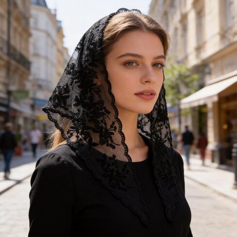 Black Lace Bandana, Classic Black Triangle Veil for Special Occasions, Delicate Lace Edging Design, Lightweight Sheer Fabric, Adjustable Length Options, Elegant Headwear Accessory for Women in Saudi Arabia