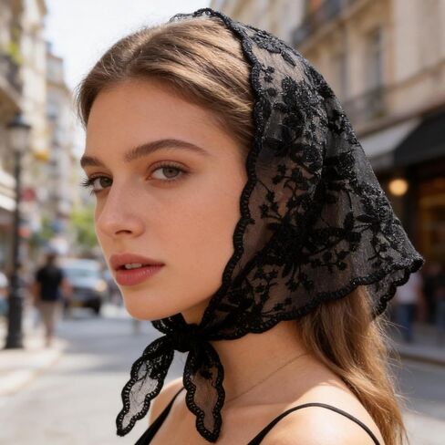 Black Lace Bandana, Classic Black Triangle Veil for Special Occasions, Delicate Lace Edging Design, Lightweight Sheer Fabric, Adjustable Length Options, Elegant Headwear Accessory for Women in Saudi Arabia