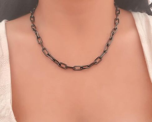 Black Pewter Paperclip Chain Necklace Gunmetal Plating Stainless Steel Gift For Her in Kuwait