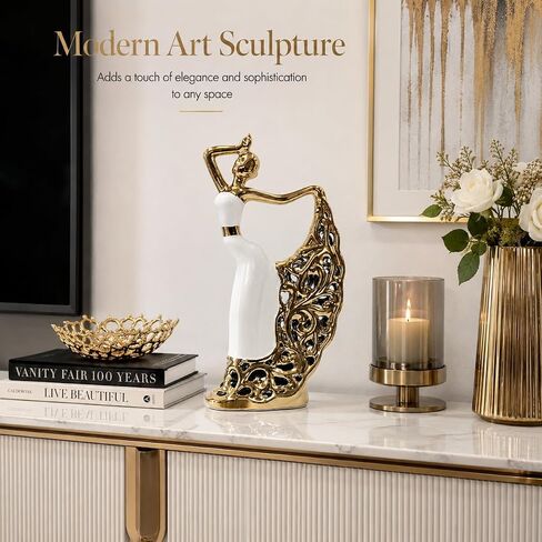 Abstract Woman Sculpture, Gold and White Ceramic Figurine | Modern Decorative Statue for Living Room, Bookshelf, Entryway Table and Office Decor in Kuwait