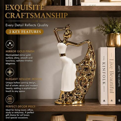 Abstract Woman Sculpture, Gold and White Ceramic Figurine | Modern Decorative Statue for Living Room, Bookshelf, Entryway Table and Office Decor in Kuwait
