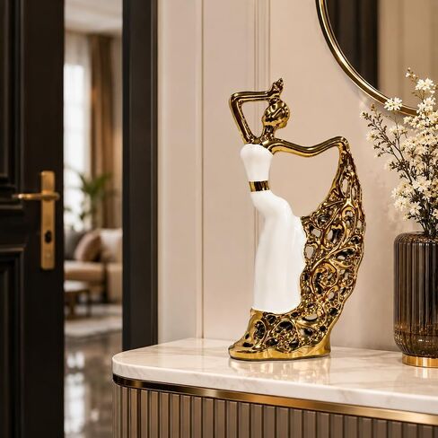 Abstract Woman Sculpture, Gold and White Ceramic Figurine | Modern Decorative Statue for Living Room, Bookshelf, Entryway Table and Office Decor in Kuwait
