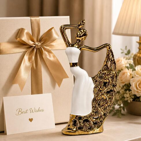 Abstract Woman Sculpture, Gold and White Ceramic Figurine | Modern Decorative Statue for Living Room, Bookshelf, Entryway Table and Office Decor in Kuwait