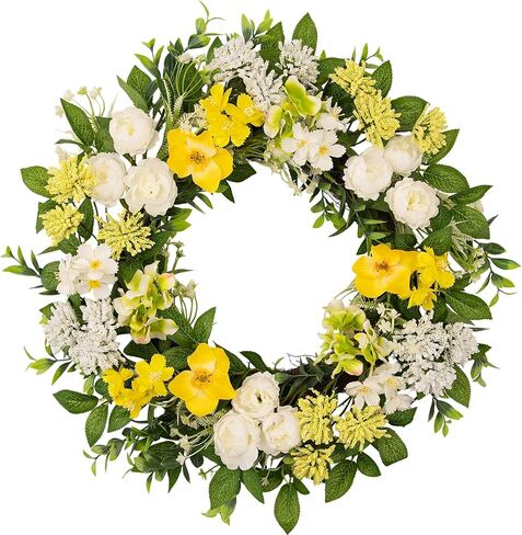 wwmira 22 Inch Spring Summer Wreath for Front Door, Artificial Wreath with White Peony Yellow Flowers and Green Leaves, Farmhouse Decor Wreath for Indoor Outdoor Wall Window in Saudi Arabia
