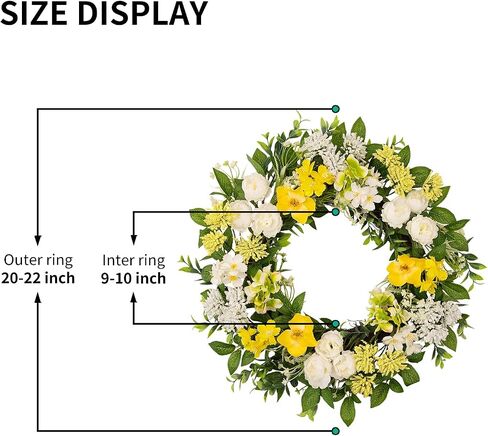 wwmira 22 Inch Spring Summer Wreath for Front Door, Artificial Wreath with White Peony Yellow Flowers and Green Leaves, Farmhouse Decor Wreath for Indoor Outdoor Wall Window in Saudi Arabia