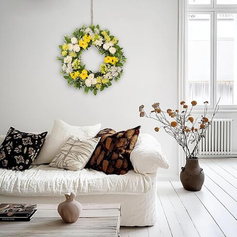 wwmira 22 Inch Spring Summer Wreath for Front Door, Artificial Wreath with White Peony Yellow Flowers and Green Leaves, Farmhouse Decor Wreath for Indoor Outdoor Wall Window in Saudi Arabia