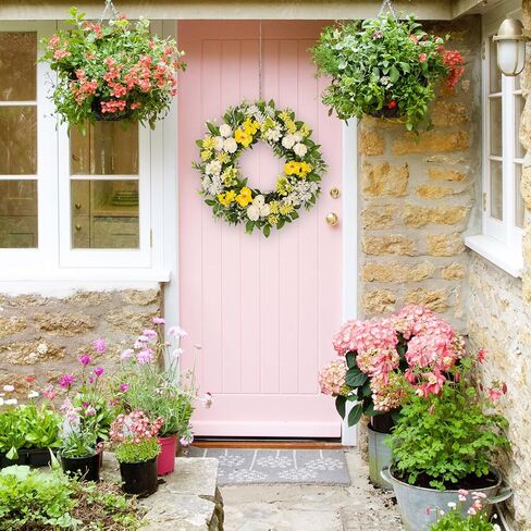 wwmira 22 Inch Spring Summer Wreath for Front Door, Artificial Wreath with White Peony Yellow Flowers and Green Leaves, Farmhouse Decor Wreath for Indoor Outdoor Wall Window in Saudi Arabia