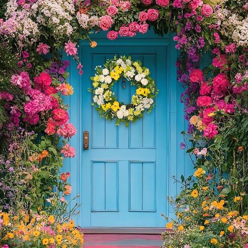 wwmira 22 Inch Spring Summer Wreath for Front Door, Artificial Wreath with White Peony Yellow Flowers and Green Leaves, Farmhouse Decor Wreath for Indoor Outdoor Wall Window in Saudi Arabia