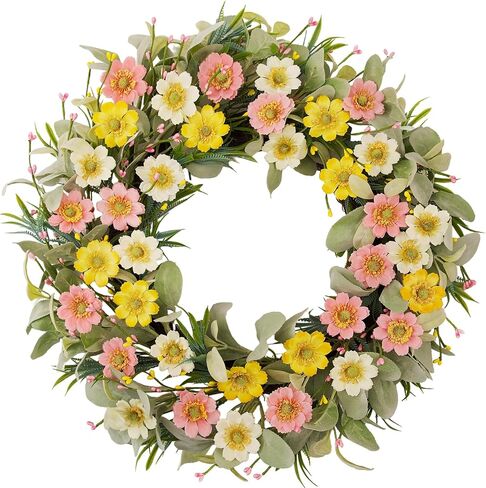 22 Inch Spring Summer Daisy Wreath for Front Door, Pastel Color Floral Wreath with Lamb's Ear Leaves &Berries,Handcrafted Farmhouse Wildflower Wreath for Wall, Window, Wedding Home Decor in Saudi Arabia
