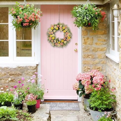 22 Inch Spring Summer Daisy Wreath for Front Door, Pastel Color Floral Wreath with Lamb's Ear Leaves &Berries,Handcrafted Farmhouse Wildflower Wreath for Wall, Window, Wedding Home Decor in Saudi Arabia