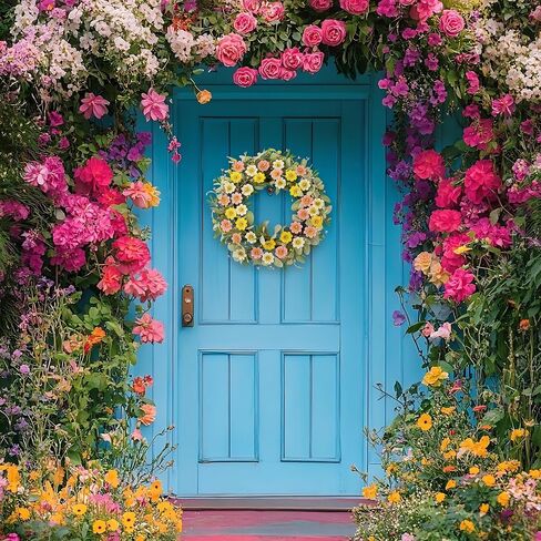 22 Inch Spring Summer Daisy Wreath for Front Door, Pastel Color Floral Wreath with Lamb's Ear Leaves &Berries,Handcrafted Farmhouse Wildflower Wreath for Wall, Window, Wedding Home Decor in Saudi Arabia
