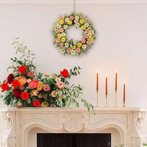 22 Inch Spring Summer Daisy Wreath for Front Door, Pastel Color Floral Wreath with Lamb's Ear Leaves &Berries,Handcrafted Farmhouse Wildflower Wreath for Wall, Window, Wedding Home Decor in Saudi Arabia