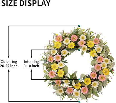 22 Inch Spring Summer Daisy Wreath for Front Door, Pastel Color Floral Wreath with Lamb's Ear Leaves &Berries,Handcrafted Farmhouse Wildflower Wreath for Wall, Window, Wedding Home Decor in Saudi Arabia