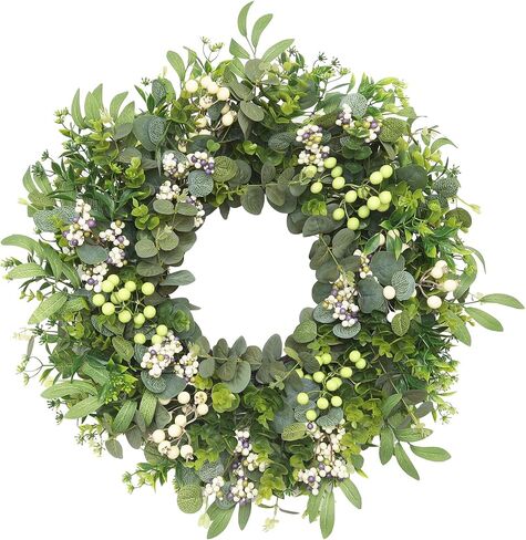 26" Artificial Eucalyptus Wreath for Front Door, Spring Summer Farmhouse Door Wreath with Olive Leaves, Berries and Boxwood, Greenery Wreath for Porch Wall Home Decor All Season in Saudi Arabia