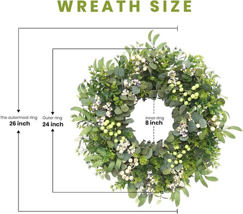 26" Artificial Eucalyptus Wreath for Front Door, Spring Summer Farmhouse Door Wreath with Olive Leaves, Berries and Boxwood, Greenery Wreath for Porch Wall Home Decor All Season in Saudi Arabia