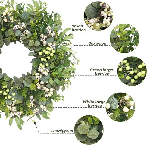 26" Artificial Eucalyptus Wreath for Front Door, Spring Summer Farmhouse Door Wreath with Olive Leaves, Berries and Boxwood, Greenery Wreath for Porch Wall Home Decor All Season in Saudi Arabia