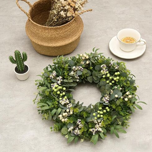 26" Artificial Eucalyptus Wreath for Front Door, Spring Summer Farmhouse Door Wreath with Olive Leaves, Berries and Boxwood, Greenery Wreath for Porch Wall Home Decor All Season in Saudi Arabia