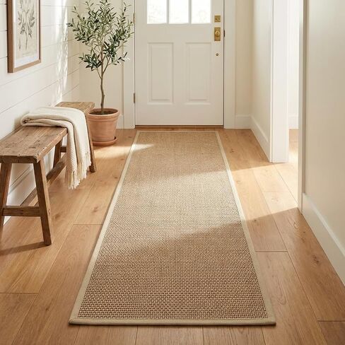 Washable Faux Jute Area Rug, 2' x 8' Low-Pile Indoor Rug, Soft Natural Look Farmhouse Rug for Living Room Bedroom, Non-Shedding & Stain Resistant, Pet & Kid Friendly, Brown in Saudi Arabia
