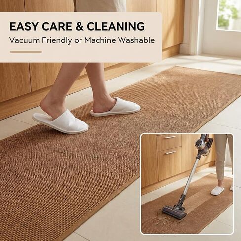 Washable Faux Jute Area Rug, 2' x 8' Low-Pile Indoor Rug, Soft Natural Look Farmhouse Rug for Living Room Bedroom, Non-Shedding & Stain Resistant, Pet & Kid Friendly, Brown in Saudi Arabia