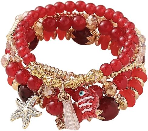 WJR 4Pcs Ocean Beach Stackable Beaded Bracelet Set Starfish Fish Charm Stretch Bracelets Colorful Layered Summer Jewelry for Women in Saudi Arabia