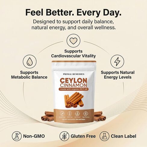 Primal Remedies Ceylon Cinnamon Capsules – 300 Softgels, Cinnamomum Verum Bark Extract, Plant Based Supplement, Clean Label Formula for Daily Wellness Routine (1) in Saudi Arabia