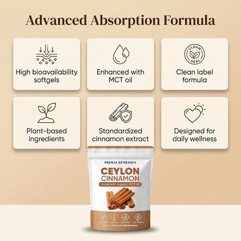 Primal Remedies Ceylon Cinnamon Capsules – 300 Softgels, Cinnamomum Verum Bark Extract, Plant Based Supplement, Clean Label Formula for Daily Wellness Routine (1) in Saudi Arabia