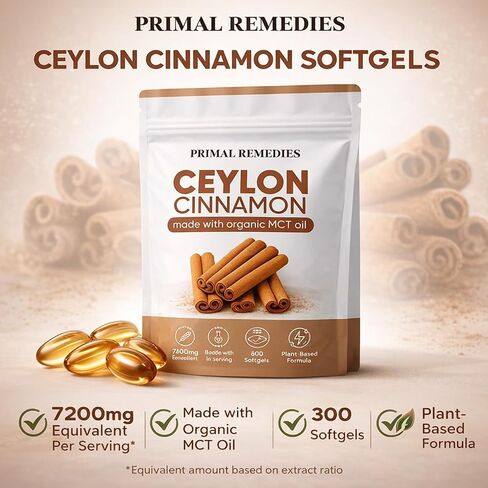 Primal Remedies Ceylon Cinnamon Capsules – 300 Softgels, Cinnamomum Verum Bark Extract, Plant Based Supplement, Clean Label Formula for Daily Wellness Routine (1) in Saudi Arabia