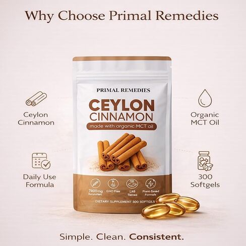 Primal Remedies Ceylon Cinnamon Capsules – 300 Softgels, Cinnamomum Verum Bark Extract, Plant Based Supplement, Clean Label Formula for Daily Wellness Routine (1) in Saudi Arabia