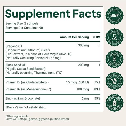 Oil of Oregano with Black Seed Oil Softgels, 5-in-1 Immune Support Formula with Ultra-High Potency Oregano Leaf Extract, 165mg Carvacrol & Thymoquinone, Non-GMO, 180 Wild Oregano Oil Capsules in Saudi Arabia