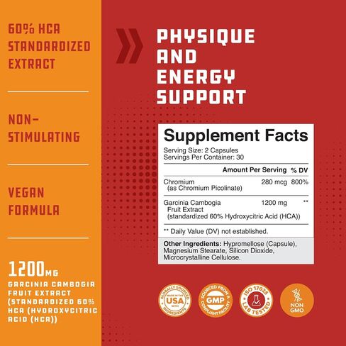 Strong Garcinia Cambogia Extract Capsules with 60% HCA - Non-Stimulant Garcinia Cambogia Weight Support Supplement with Hydroxycitric Acid & Chromium for Balance, Energy & Metabolism Support - 60 Ct in Saudi Arabia