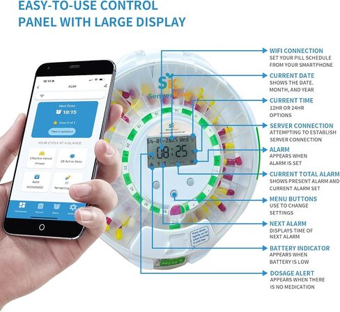 Smart WiFi Automatic Pill Dispenser with with App and Light Reminders for Seniors - Tracks Adherence History, Remote Caregiver Alerts, 28-Day Locking Medication Organizer for Vitamins, Supplements in Saudi Arabia