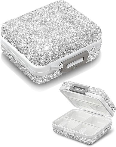 Bling Travel Pill Organizer Crystal Rhinestone 7 Compartments Square Portable Pill Case Daily Pill Box to Hold Vitamins Small Pill Container for Pocket Purse Medicine Organizer(White) in Saudi Arabia