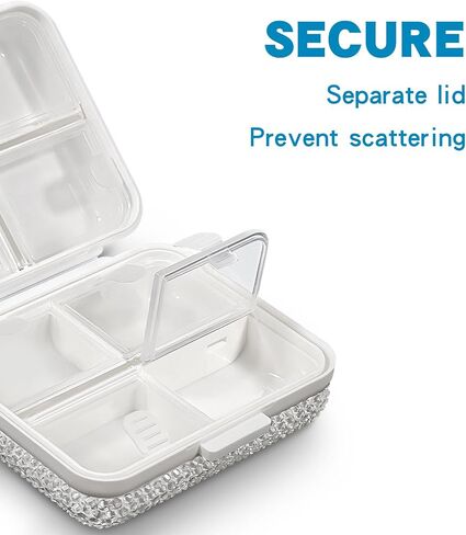 Bling Travel Pill Organizer Crystal Rhinestone 7 Compartments Square Portable Pill Case Daily Pill Box to Hold Vitamins Small Pill Container for Pocket Purse Medicine Organizer(White) in Saudi Arabia