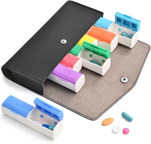 Weekly Pill Organizer, 7-Day Medicine Box, 2-3-4 Times Daily, Black Leather Travel Case (3 Compartment) in Saudi Arabia
