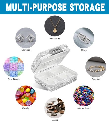 Bling Travel Pill Organizer Crystal Rhinestone 7 Compartments Square Portable Pill Case Daily Pill Box to Hold Vitamins Small Pill Container for Pocket Purse Medicine Organizer(White) in Saudi Arabia