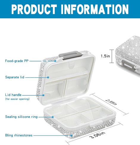 Bling Travel Pill Organizer Crystal Rhinestone 7 Compartments Square Portable Pill Case Daily Pill Box to Hold Vitamins Small Pill Container for Pocket Purse Medicine Organizer(White) in Saudi Arabia