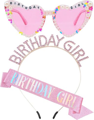Hot Pink Birthday Girls Glasses, Birthday Girl Sash Tiara Crown for Women Girls, 3 Pcs HappyBirth Party Decorations Princess Headband Birth Gifts Hair Accessories in Kuwait