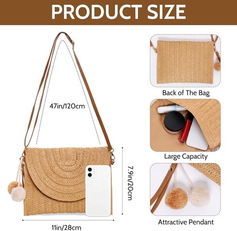 Straw Clutch Handbag for Women, Natural Straw Purse with Fur Ball Woven Crossbody Bag Shoulder Raffia Bags for Beach Summer in Saudi Arabia
