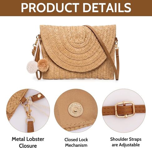 Straw Clutch Handbag for Women, Natural Straw Purse with Fur Ball Woven Crossbody Bag Shoulder Raffia Bags for Beach Summer in Saudi Arabia