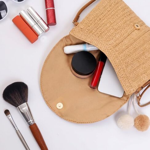 Straw Clutch Handbag for Women, Natural Straw Purse with Fur Ball Woven Crossbody Bag Shoulder Raffia Bags for Beach Summer in Saudi Arabia