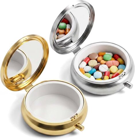 2Pcs Mini Pill Box Portable Small Pill Case for Purse with Mirror Cute Metal Travel Pills Organizer to Hold Vitamins Medication Fish Oil and Supplements for Pocket (Gold, Silver) in Kuwait