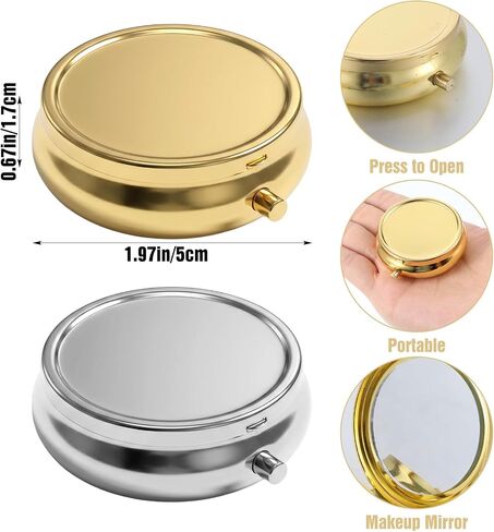2Pcs Mini Pill Box Portable Small Pill Case for Purse with Mirror Cute Metal Travel Pills Organizer to Hold Vitamins Medication Fish Oil and Supplements for Pocket (Gold, Silver) in Kuwait