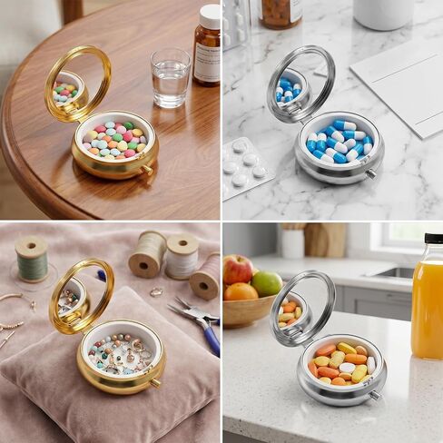 2Pcs Mini Pill Box Portable Small Pill Case for Purse with Mirror Cute Metal Travel Pills Organizer to Hold Vitamins Medication Fish Oil and Supplements for Pocket (Gold, Silver) in Kuwait
