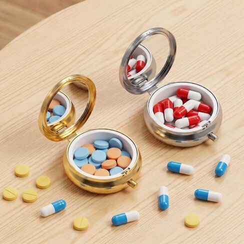 2Pcs Mini Pill Box Portable Small Pill Case for Purse with Mirror Cute Metal Travel Pills Organizer to Hold Vitamins Medication Fish Oil and Supplements for Pocket (Gold, Silver) in Kuwait
