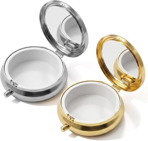 2Pcs Mini Pill Box Portable Small Pill Case for Purse with Mirror Cute Metal Travel Pills Organizer to Hold Vitamins Medication Fish Oil and Supplements for Pocket (Gold, Silver) in Kuwait