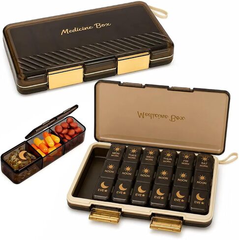 Pill Organizer 3X A Day, Weekly Medicine Pill Box with Morning Noon Evening Sections, Brown Opaque Travel Case for Vitamins & Supplements in Kuwait