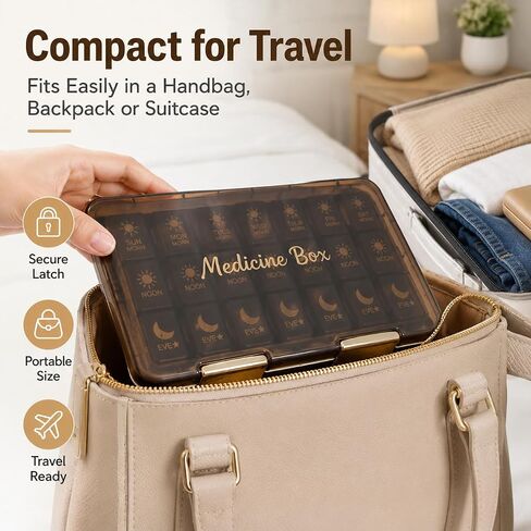 Pill Organizer 3X A Day, Weekly Medicine Pill Box with Morning Noon Evening Sections, Brown Opaque Travel Case for Vitamins & Supplements in Kuwait