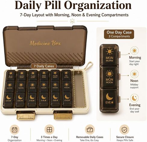 Pill Organizer 3X A Day, Weekly Medicine Pill Box with Morning Noon Evening Sections, Brown Opaque Travel Case for Vitamins & Supplements in Kuwait