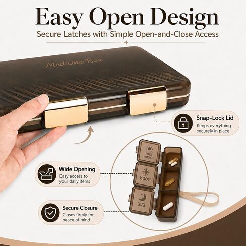 Pill Organizer 3X A Day, Weekly Medicine Pill Box with Morning Noon Evening Sections, Brown Opaque Travel Case for Vitamins & Supplements in Kuwait